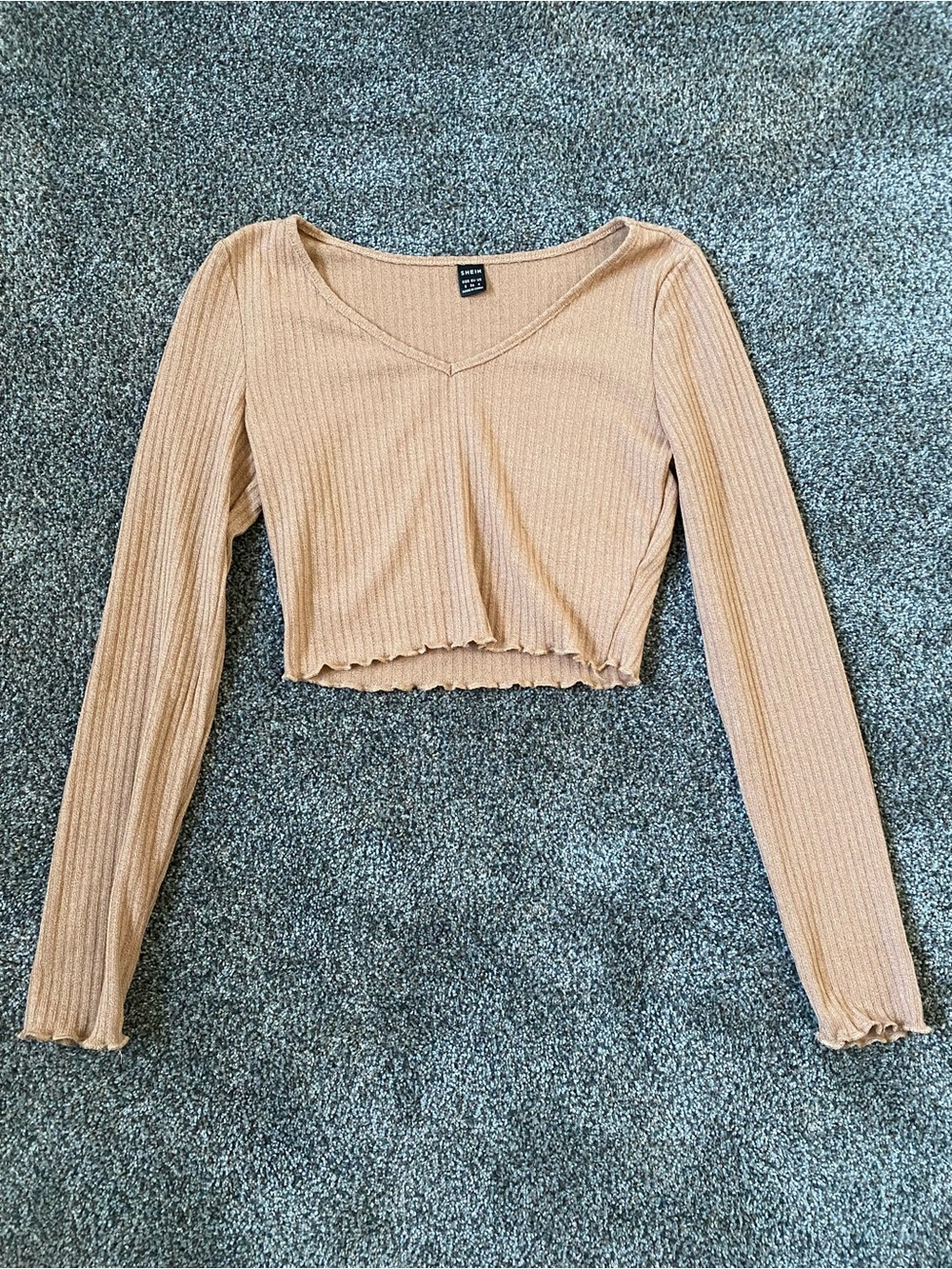 SHEIN Ribbed V-Neck Long-Sleeve Crop Top in Tan